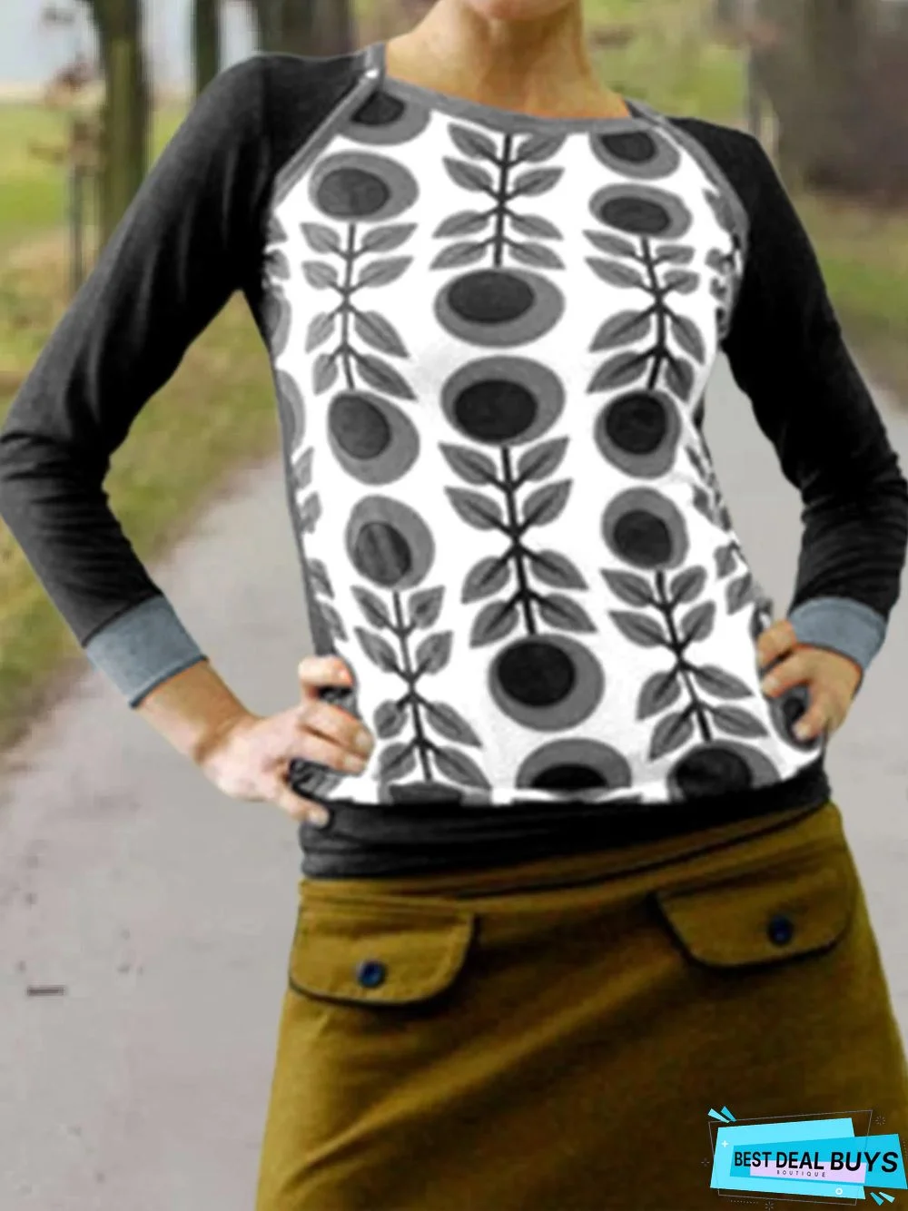 Casual Long Sleeve Floral-Print Crew Neck T-shirt