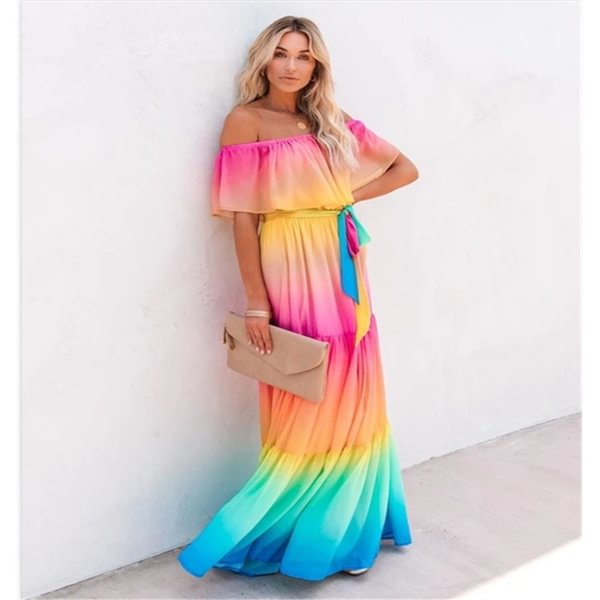 New Summer Fashion Gradient Printed With Seven Colors Rainbow One-word Shoulder Belt Big Swing Dress for Woman - Shop Trendy Women's Clothing | LoverChic