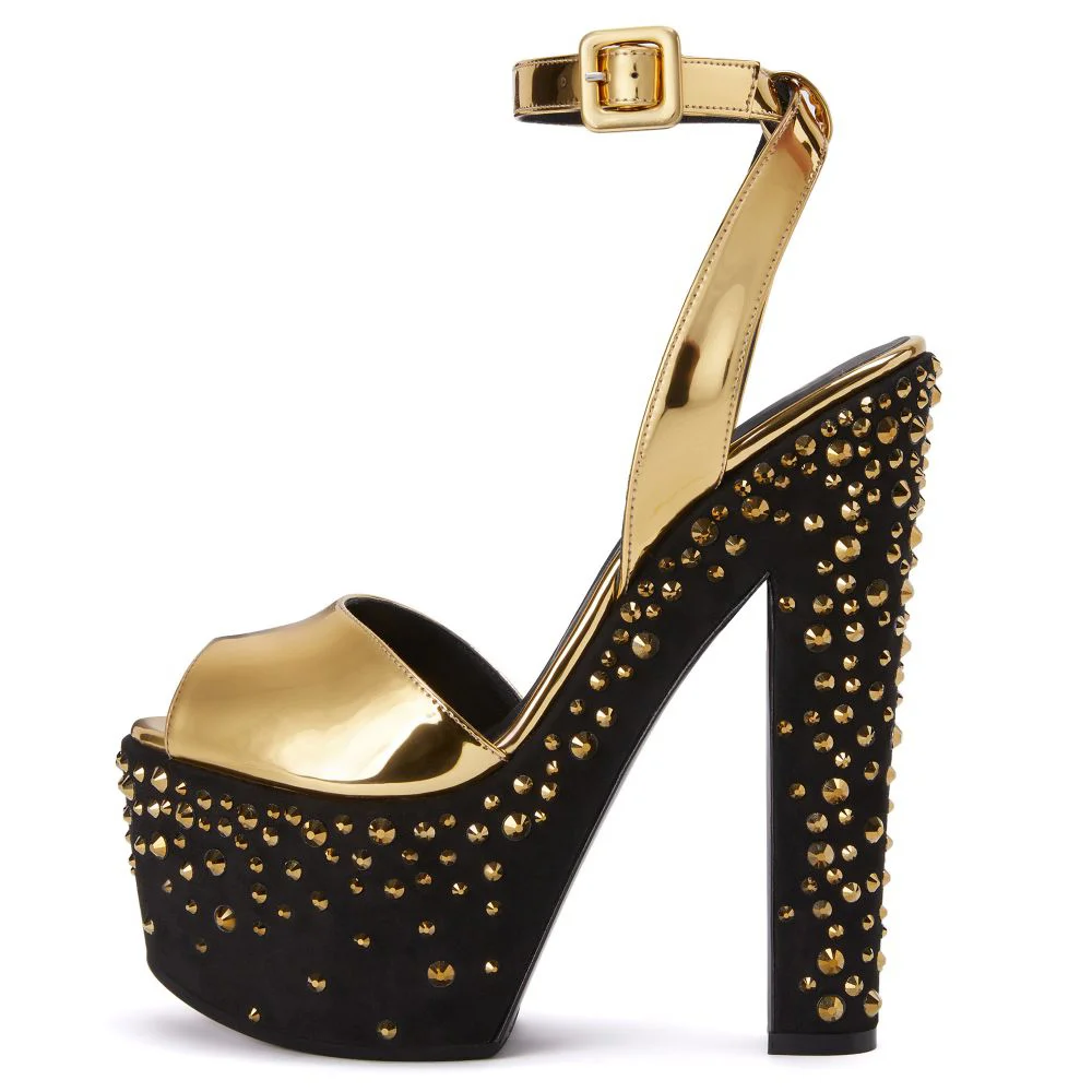Gold Patent Leather Opened Toe Ankle Strappy Rivet Platform Sandals With Chunky Heels Nicepairs