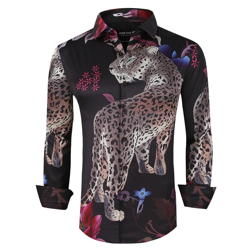 Men's Nightclub Long Foil Printed Shirt Black Leopard Alex Vando Fashion