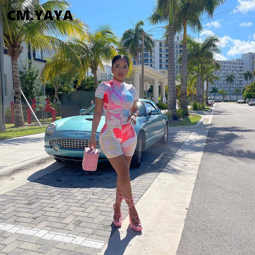 CM.YAYA Active Leaf Print Women Two 2 Piece Set Outfits for 2022 Summer Short Sleeve T-shirt and Shorts Matching Set Tracksuit