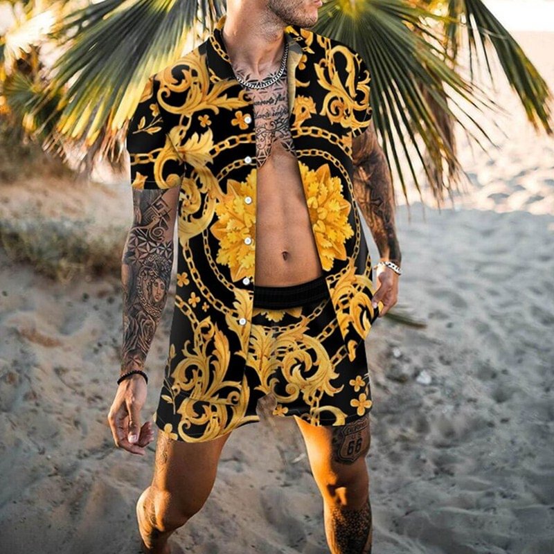 2021 New Flower Casual Hawaiian Set Men's Beach Coconut Print Shorts Men's Beach Shirt Set Two-piece M-3XL