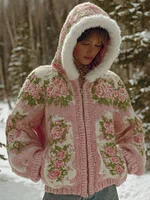 Women's Bohemian Style Pink Rose Art Cozy Fur Collar Knit Hooded Sweater Jacket