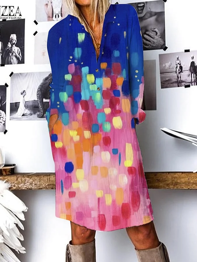 Women's Retro Colorful Painted Printed Shirt Dress