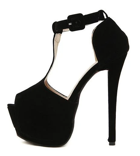 Black T-Strap Sandals Suede Stiletto Heel Shoes with Platform |FSJ Shoes