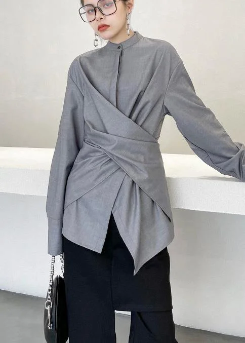 French Grey asymmetrical design Long sleeve Spring Blouses