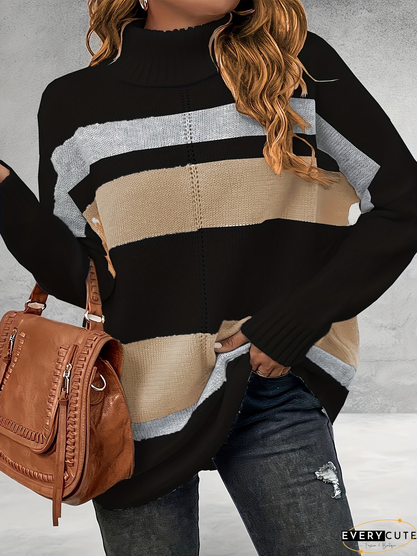 Plus Size Casual Sweater, Women's Plus Colorblock Long Sleeve Turtle Neck Slight Stretch Sweater