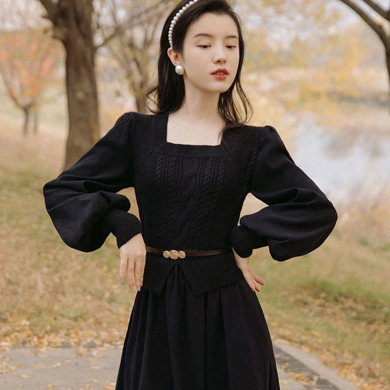 Billlnai  2023 Vintage Elegant Evening Party Midi Dresses Women Puff Sleeve France Retro Dress Solid Warm Korean Style Dress Autumn Winter