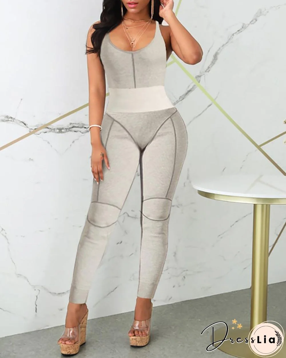 Contrast Piping Colorblock Fitted Jumpsuit