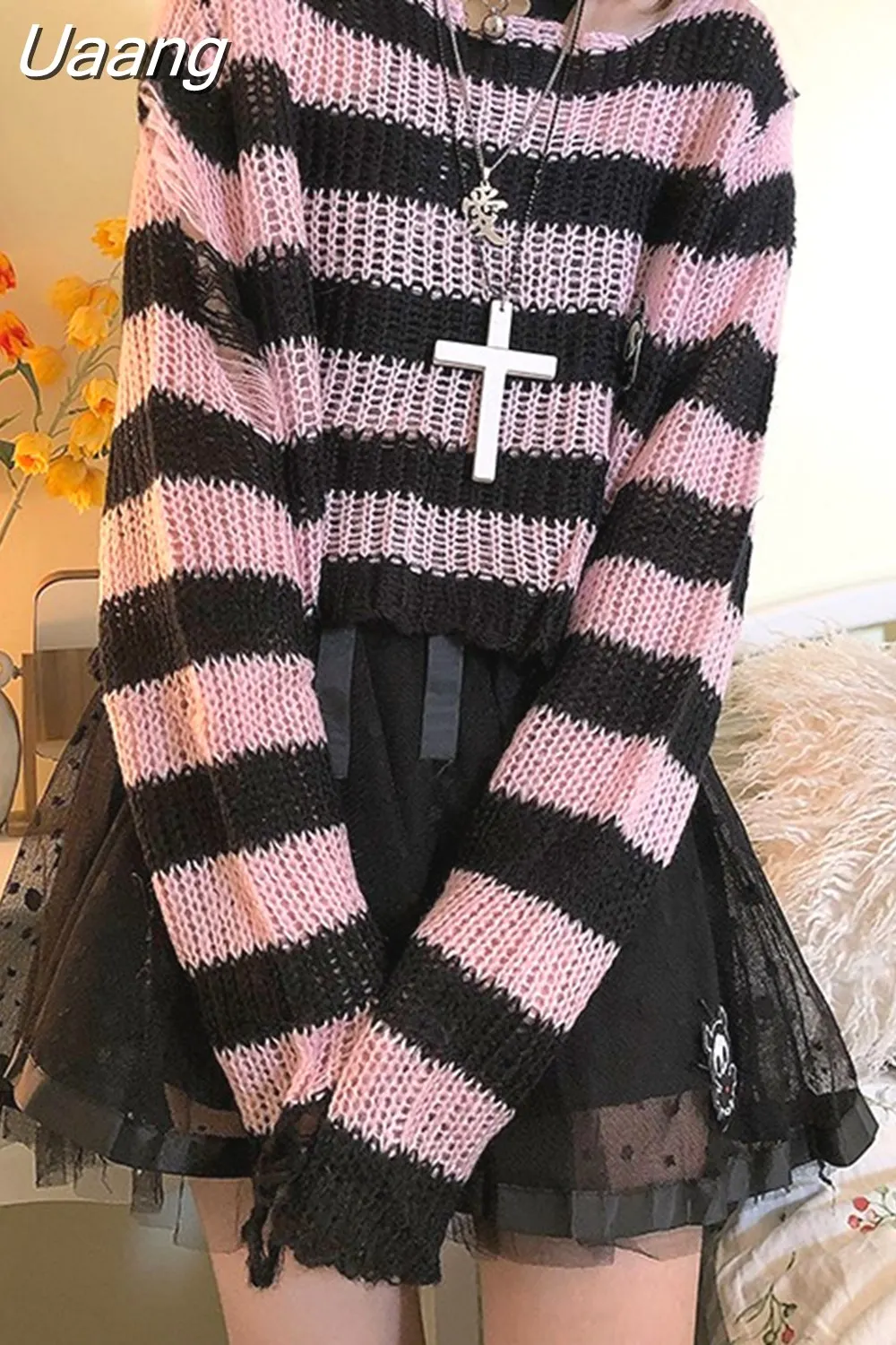 Uaang Pink Striped Gothic Sweaters Women Ripped Holes Loose Knitted ...