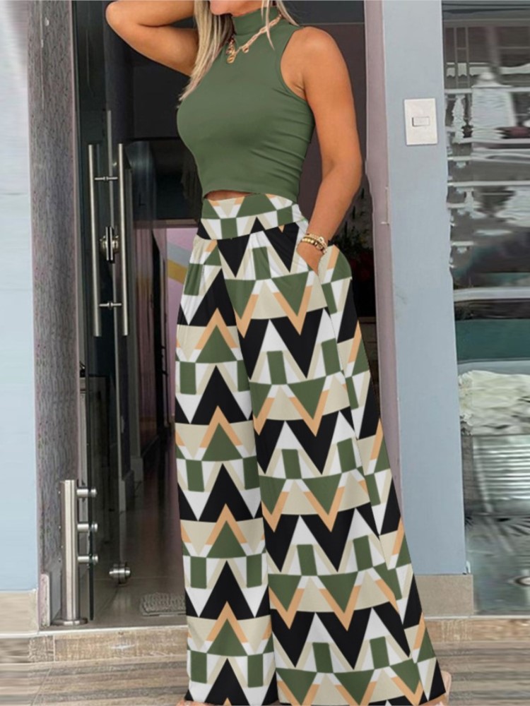 Wimdaily 2025 Elegant Women's Two Pieces Set Summer Mock Neck Sleeveless Solid Crop Top & Plants Print Wide Leg Pants Set Outfits Female