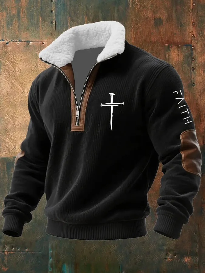 Men's Classic Faith Cross Print Fur Collar Sweatshirt 