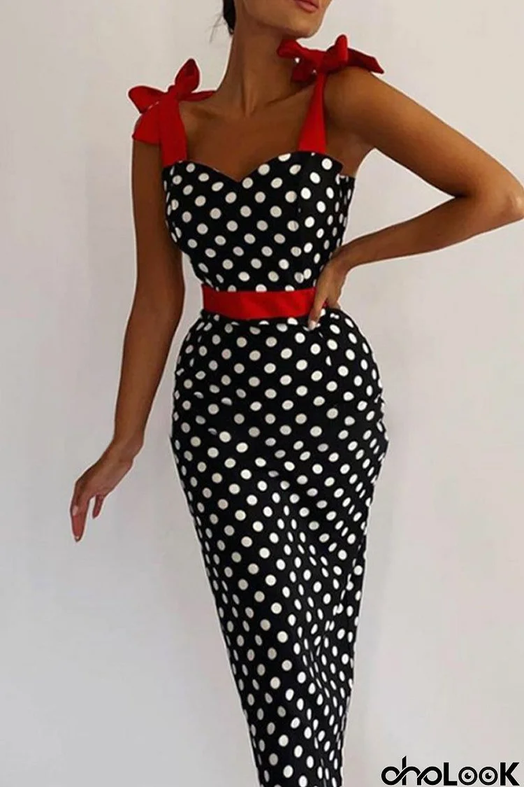 Elegant Polka Dot Contrast Off the Shoulder One Step Skirt Dresses