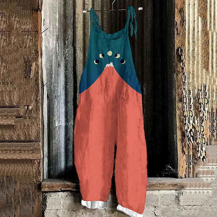 Abstract Creative Good Night Cat Painting Art Print Loose Casual Jumpsuit
