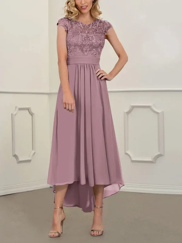 Round Neck Lace Solid Color Short-Sleeved Midi Dress