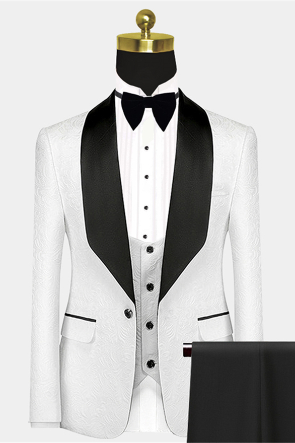Popular Black Satin Lapel Jacquard White Wedding Suit Tuxedos - Ivan - lulusllly