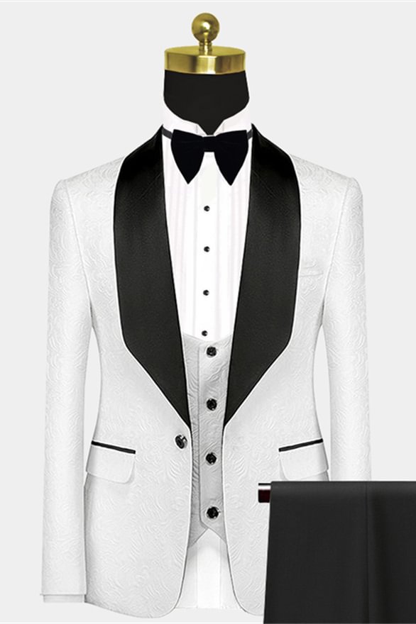 Miabel Popular Black Satin Lapel White Jacquard Wedding Suit Tuxedos