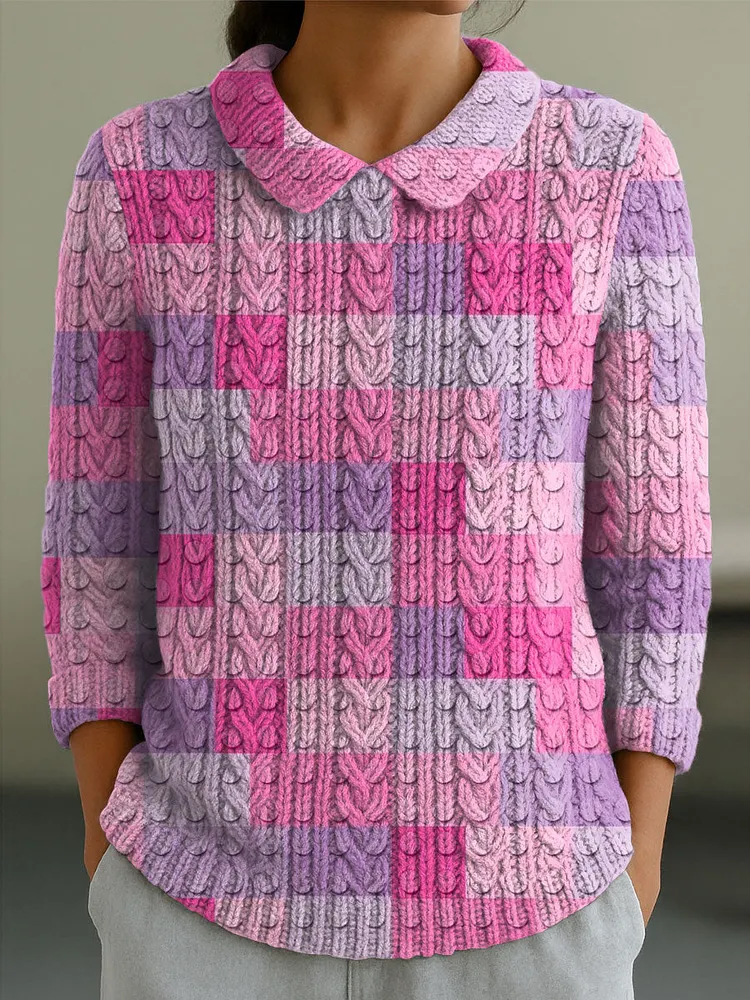 Women's Geometric Color Contrast Splicing Abstract Casual Print Peter Pan Collar 3/4 Sleeve Sweater