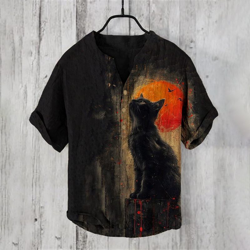 Comstylish Red Sun Cat Japanese Art Linen Blend Cozy Shirt