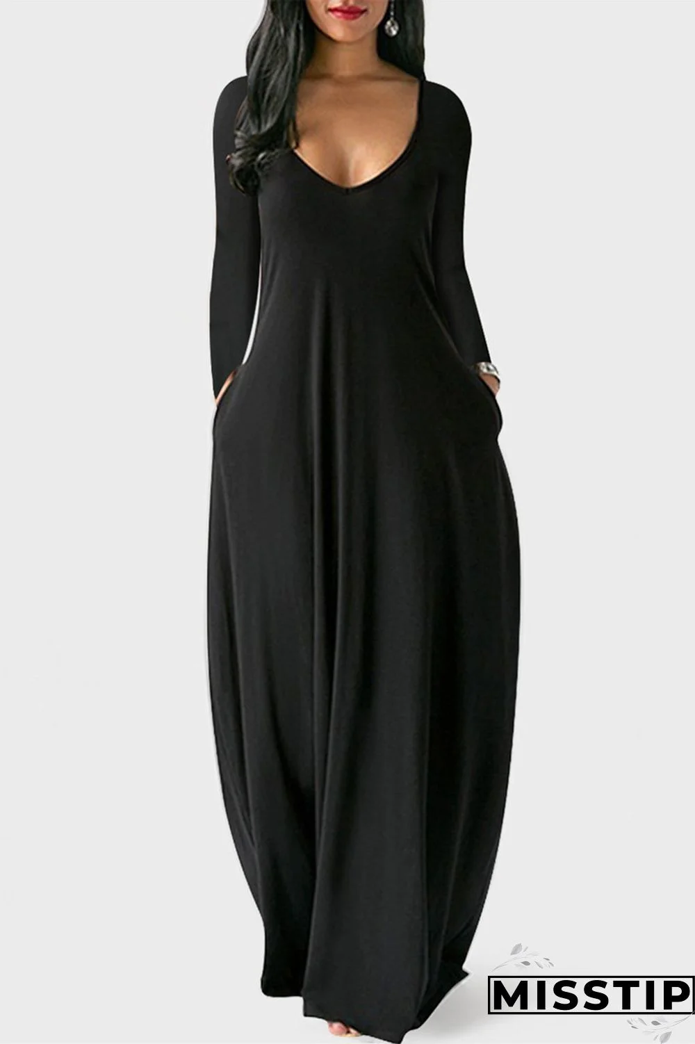 Black Fashion Casual Solid Pocket V Neck Long Sleeve Dresses