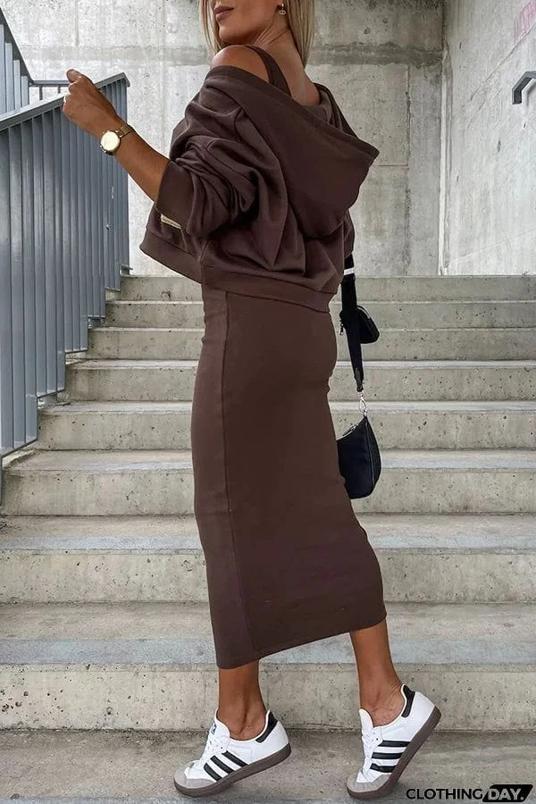 Around The World Hooded Sweatshirt and Slip Maxi Skirt Two Piece Set