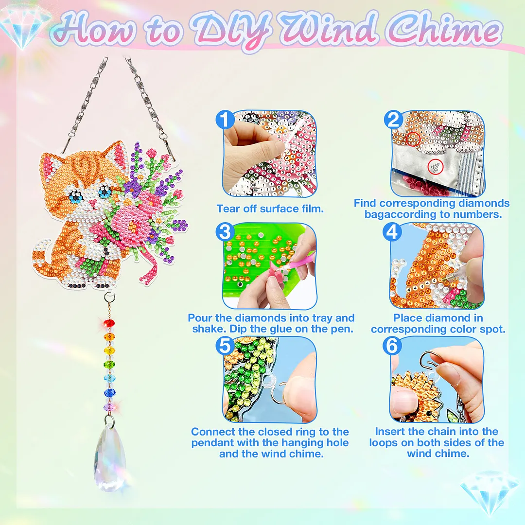 2Pcs Cat DIY Acrylic Diamond Painting Art Wind Chimes with Crystal Pendant Diamond Art Hanging Pendant Double-Sided for Adults Beginners Gift Home Garden Decor