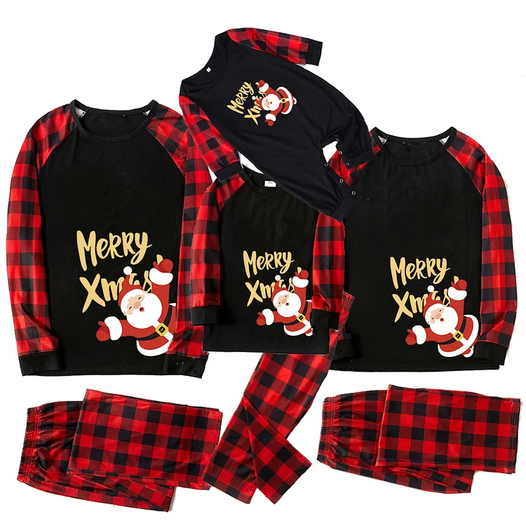 Merry Christmas Santa Cartoon Print Red Plaid Family Matching Pajamas Sets(Black)