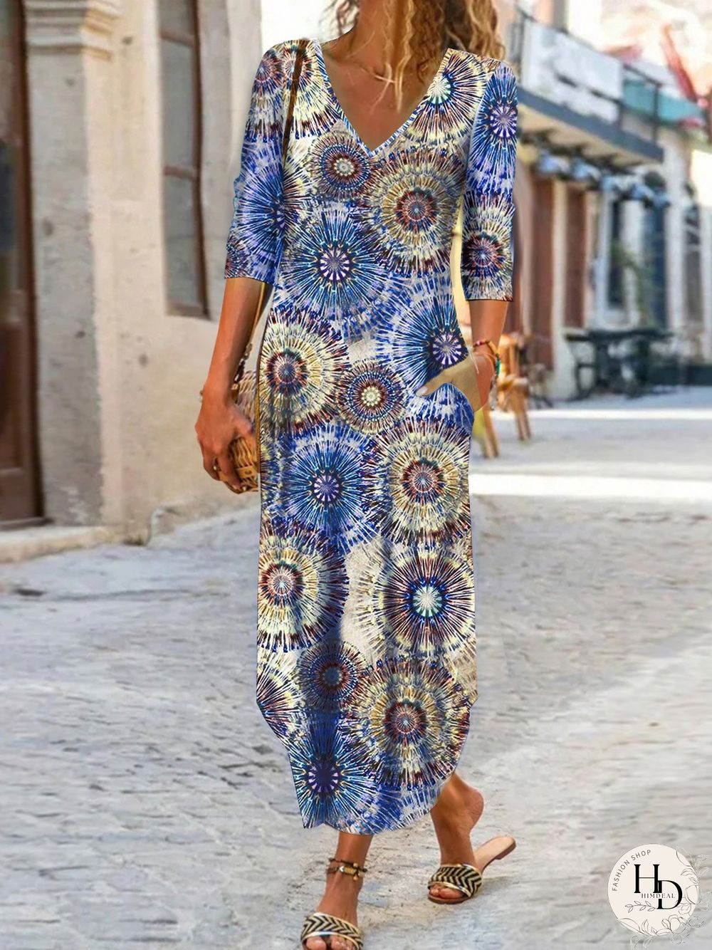 Women Geometric Casual Autumn V neck Daily Long 1 * Dress Regular Regular Size Dresses