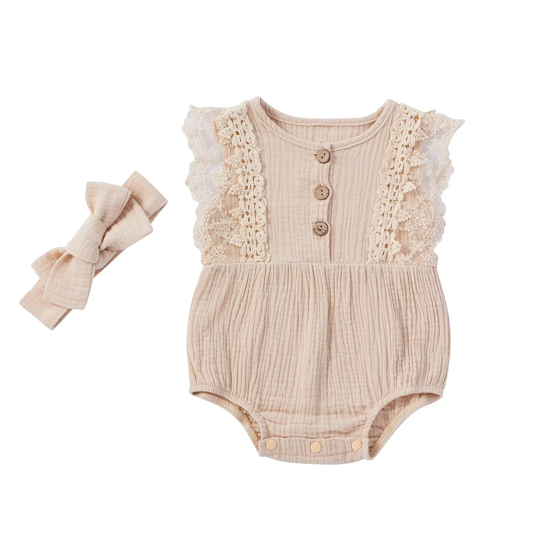 Newborn Baby Girls 2-piece Solid Cotton Outfit Set Sleeveless Lace Romper+Headband Set for Kids Girls Summer