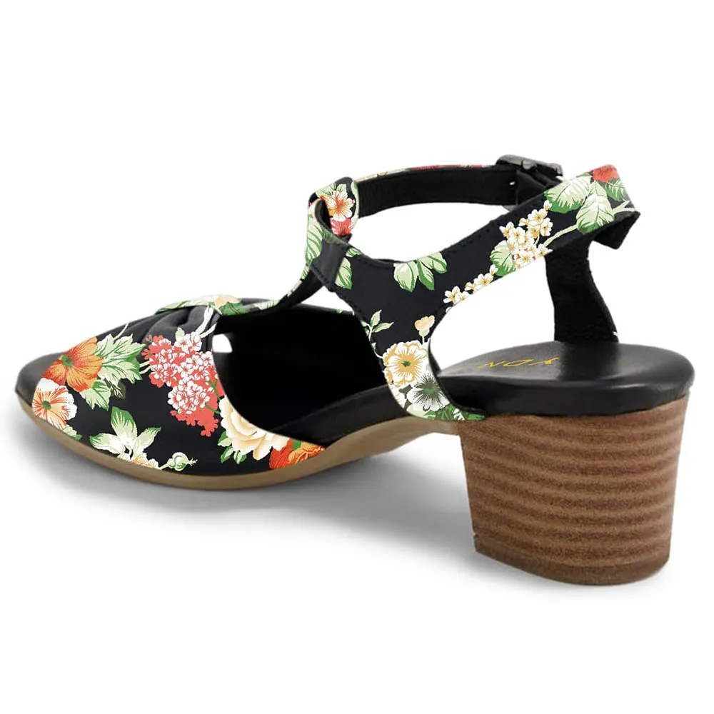 Multicolor Open-Toe Flower Print Low Heel Sandals with T-Strap