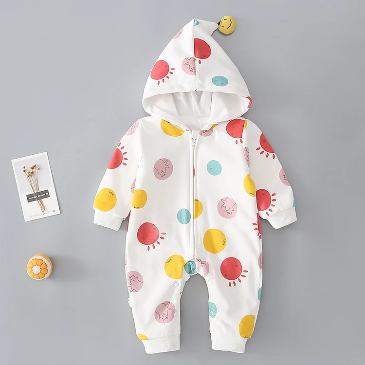 Baby Boy/Girl Geometry Print Zipper Long Sleeve Hooded Romper