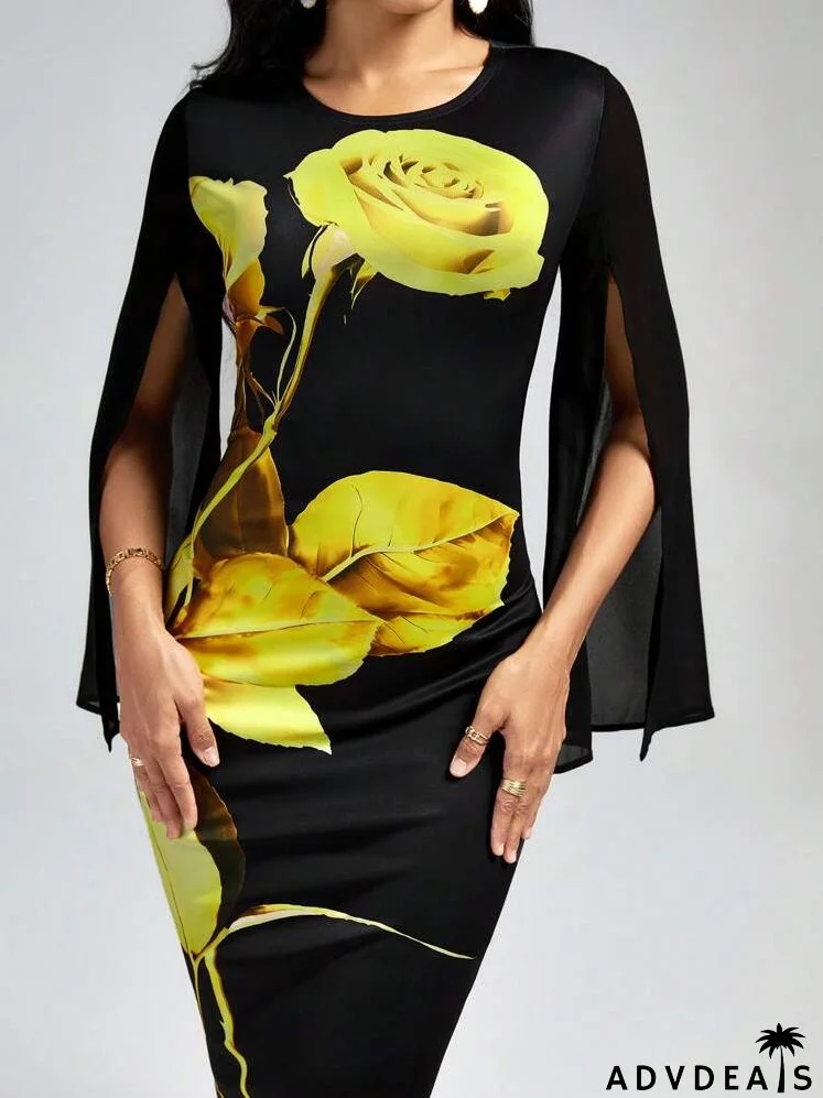 Floral Print Split Sleeve Bodycon Dress