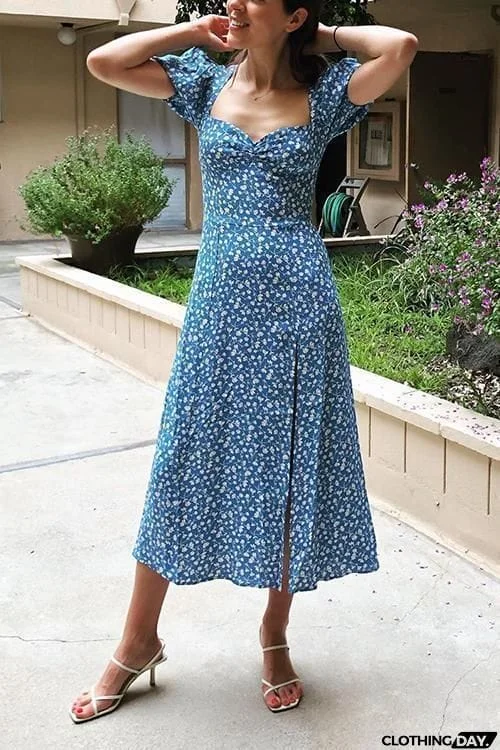 Print Slit Short Sleeve Dress