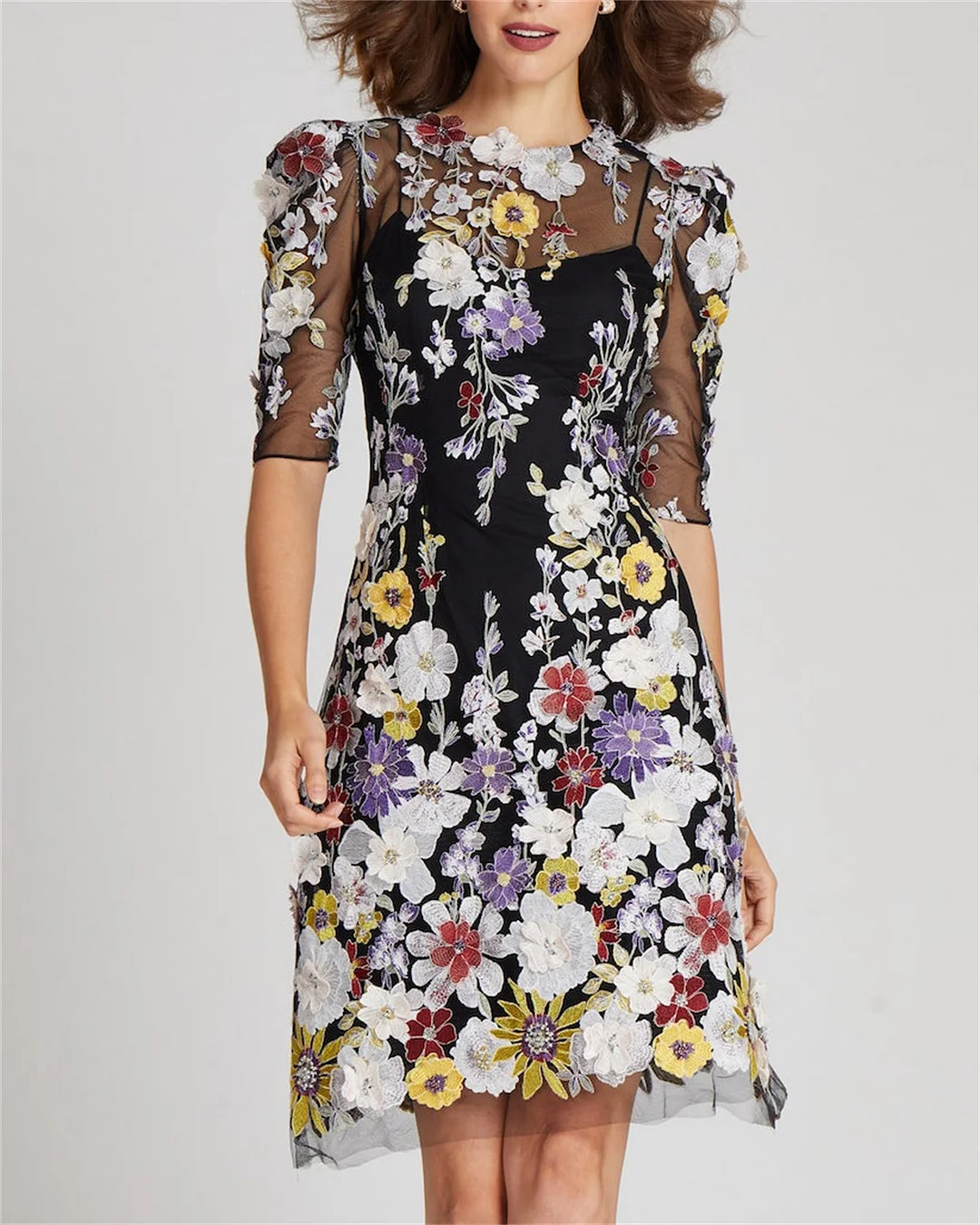 Women's Round Neck Flower Embroidered Mesh Dress