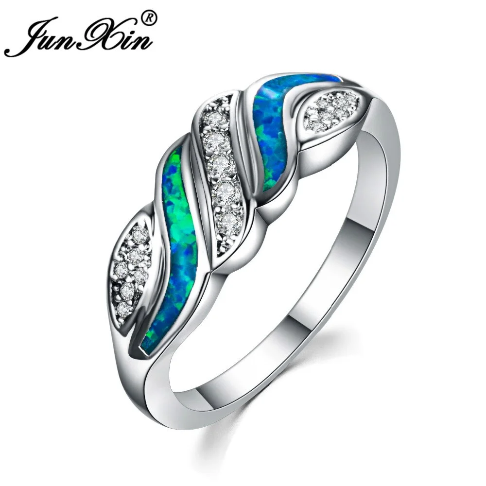 JUNXIN Silver Color Wedding Bands New Fashion White AAA Zircon Blue Fire Opal Rings For Women Birthday Gift RS0202