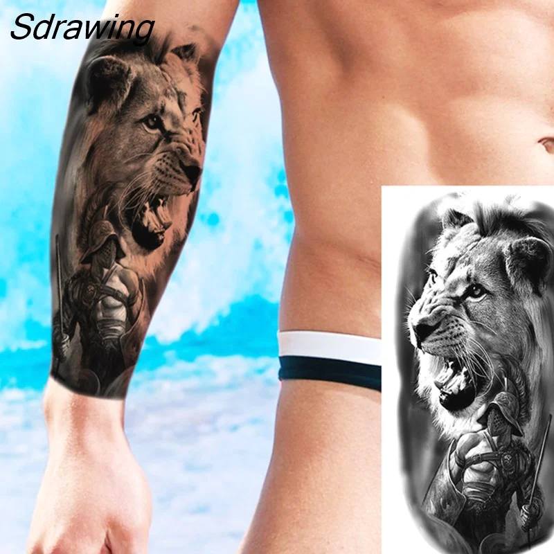 Sdrawing Warrior Punk Skeleton Gangster Rose Flower Temporary Tattoos For Women Men Lion Tiger Skull Rose Fake Tattoo Sexy Arm