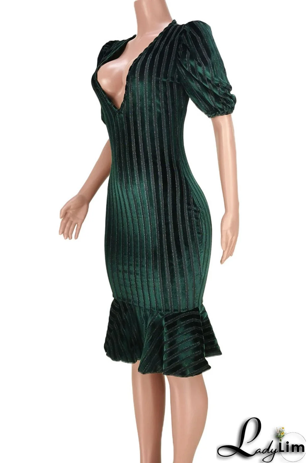 Ink Green Elegant Striped Split Joint V Neck Trumpet Mermaid Dresses