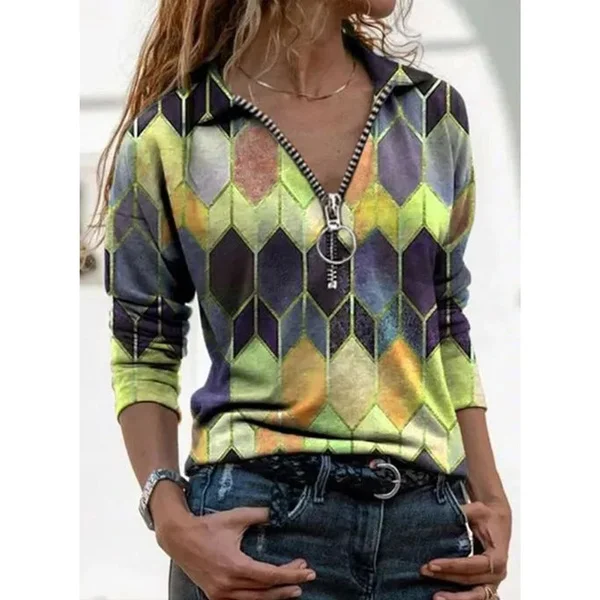 Women's Fashion Printed V-neck Long Sleeve Shirts Casual Zipper Turn-down Collar Cotton Tunic Tops Ladies Daily Spring Autumn Plus Size Blouses Loose Pullover T-shirts