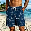 Men's Beach Shorts With Coconut Tree And Sailboat Line-Art Print by Inlyline