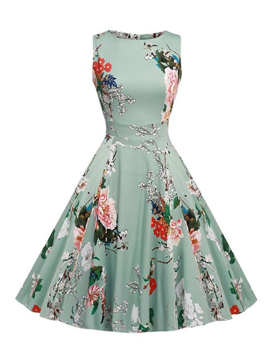 Swing Dress Sleeveless Floral Pleated 1950s Dress