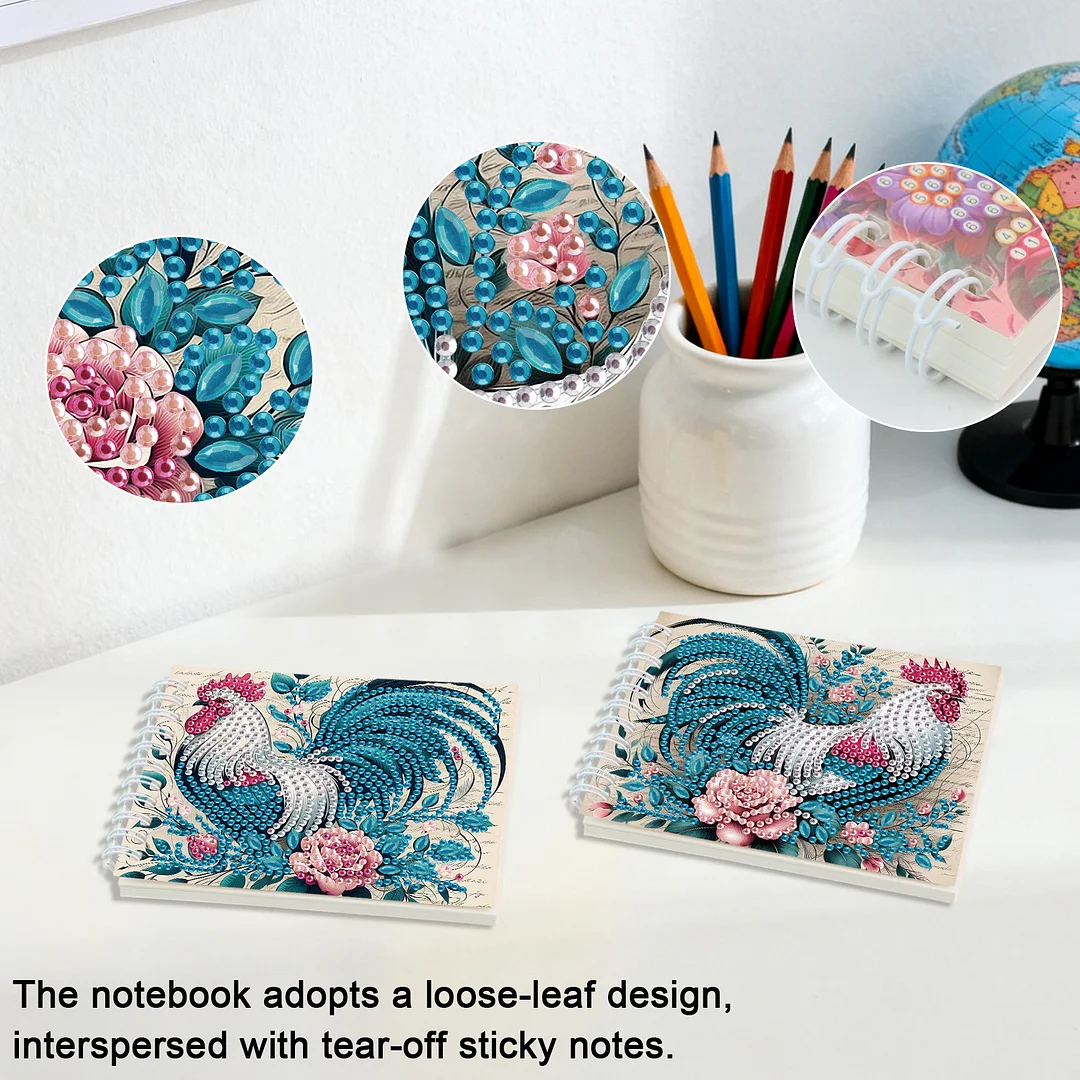 2 Pack Rooster DIY Diamond Art Spiral Notebook Kit 80Pages No Lines for Adults