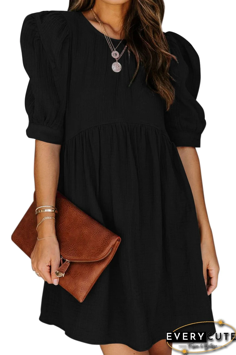 Black Pocketed Puff Sleeve Empire Waist Swing Short Dress
