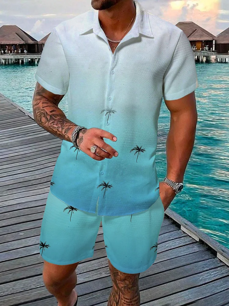 Men's Vacation Tropical Tree Gradient Print Short Sleeve Shirt Set