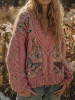 Vintage Boho Butterfly Floral Art Chunky Knit V Neck Cozy Sweater