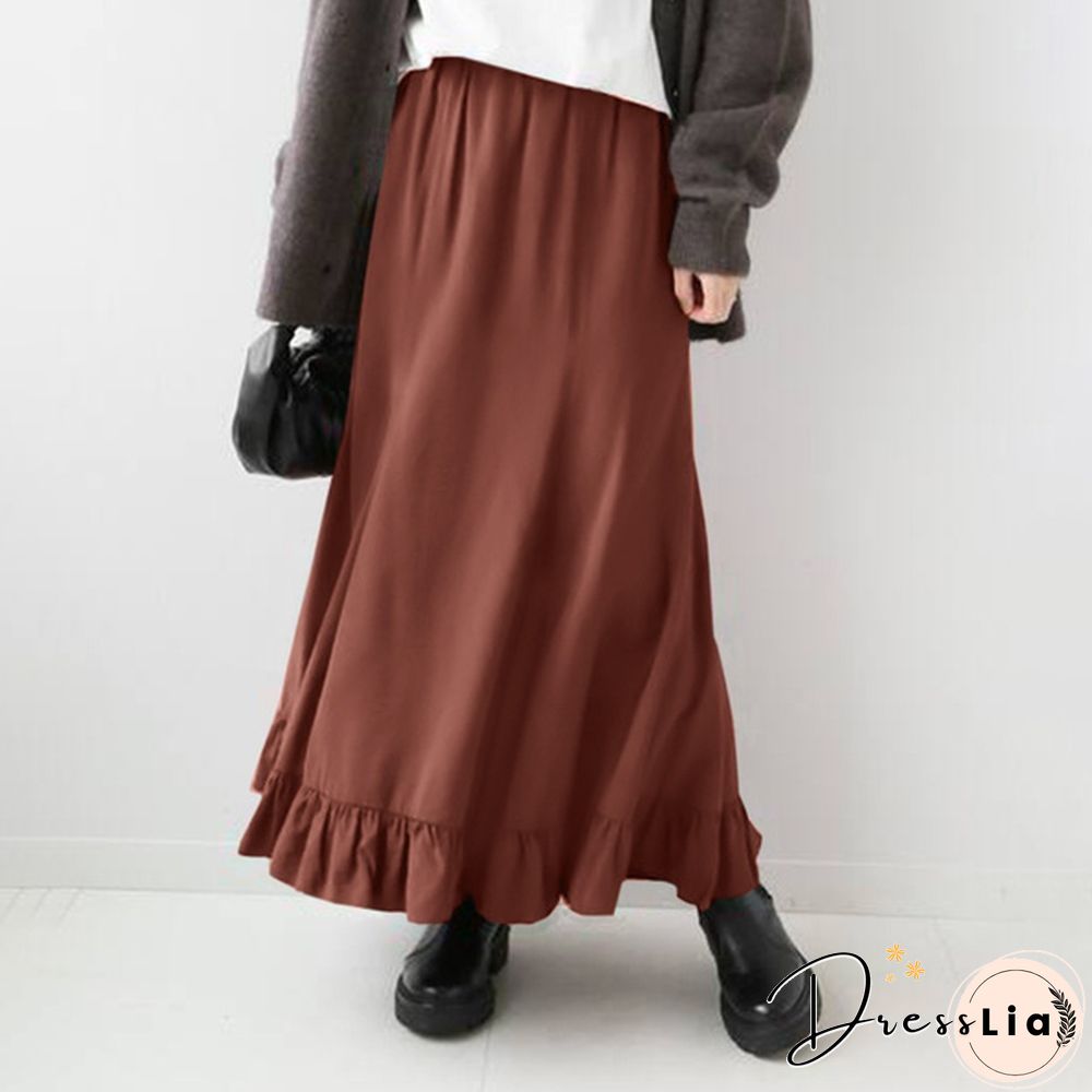 Stylish Women Vintage High Waist Loose Long Skirt Ruffled Hem Summer Skirt Dress
