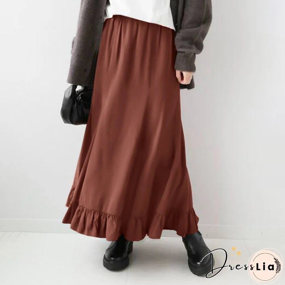 Stylish Women Vintage High Waist Loose Long Skirt Ruffled Hem Summer Skirt Dress