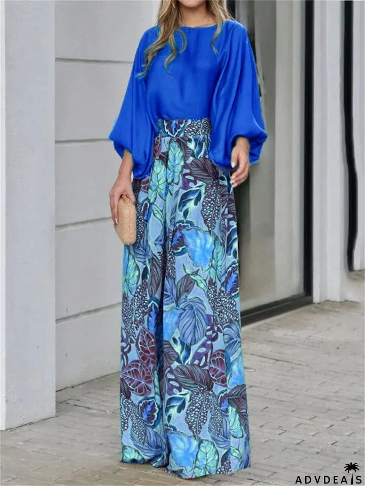 Female New Lantern Sleeve Tops Printed Wide Leg Pants Set