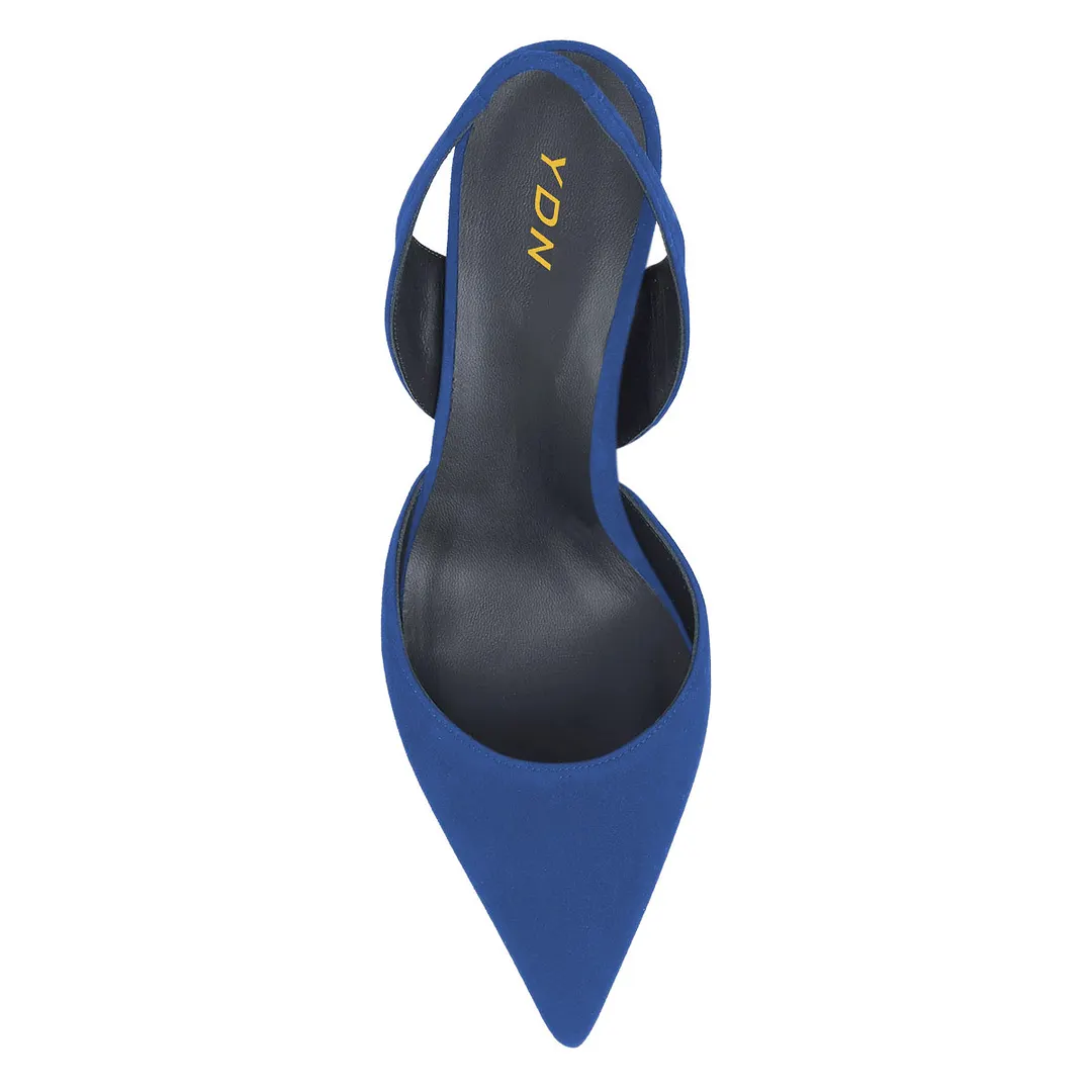 YDN Women's Blue Vegan Suede Pointed Toe Simple Slingback Heels
