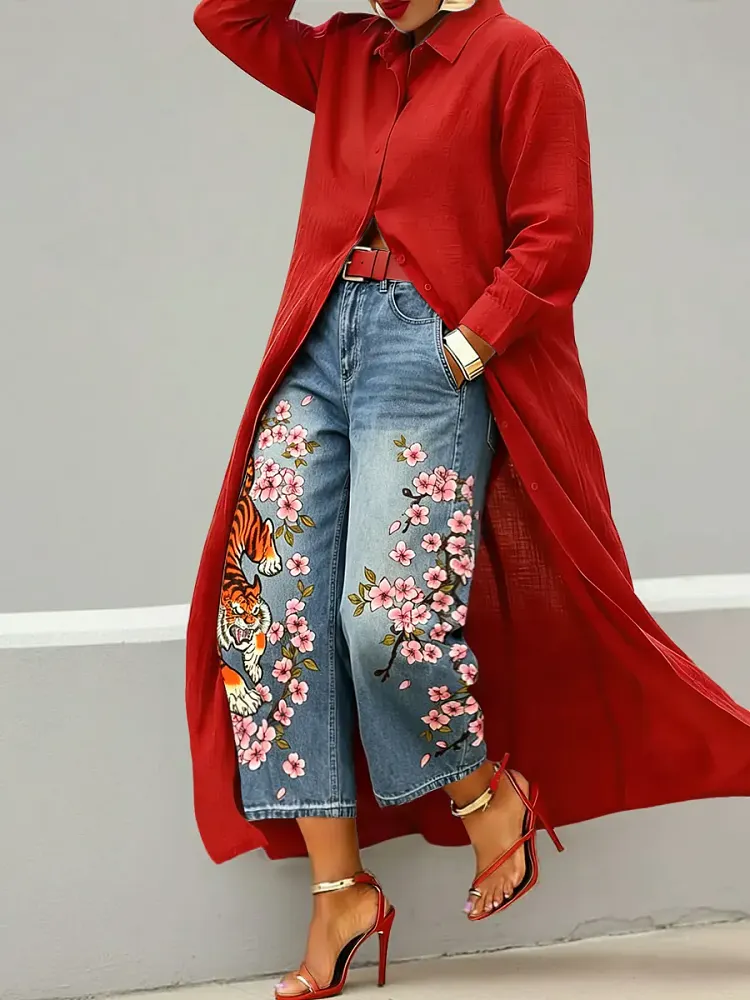 Women's Abstract Art Print Casual Loose Wide-leg Denim Pants