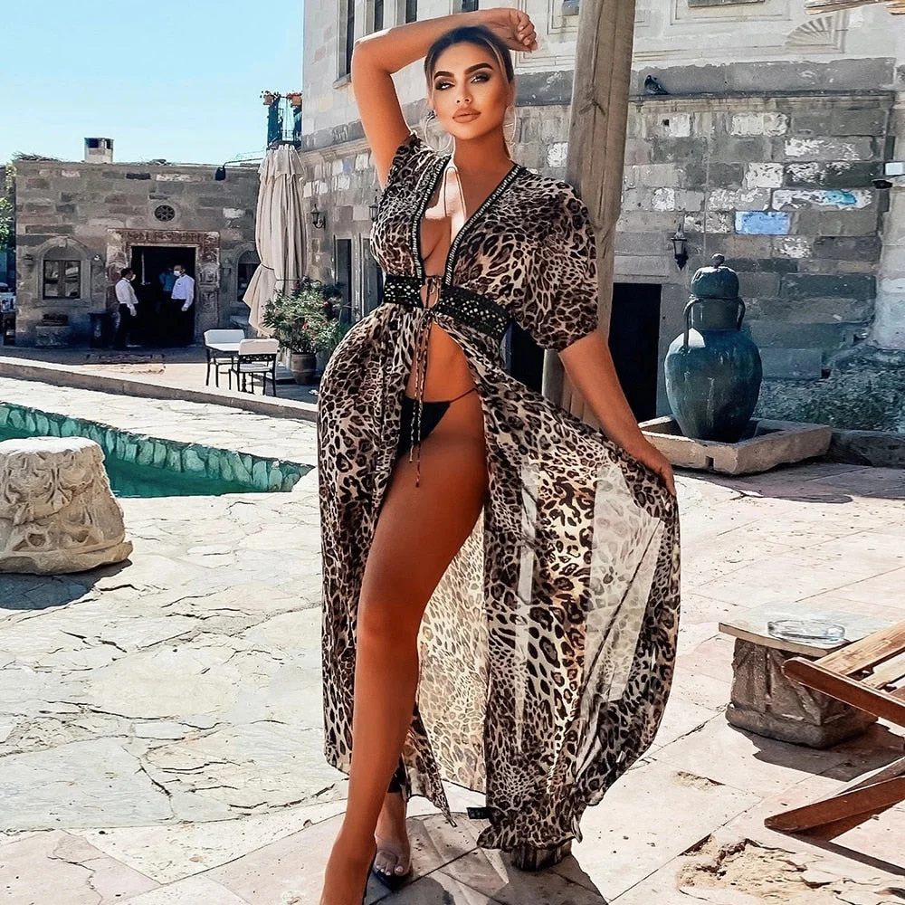 Leaves Print Bikini Beach Cover up Tunics for Beach Long Kaftan Bikini Cover up Robe de Plage Sarong Beach Swimsuit cover-ups